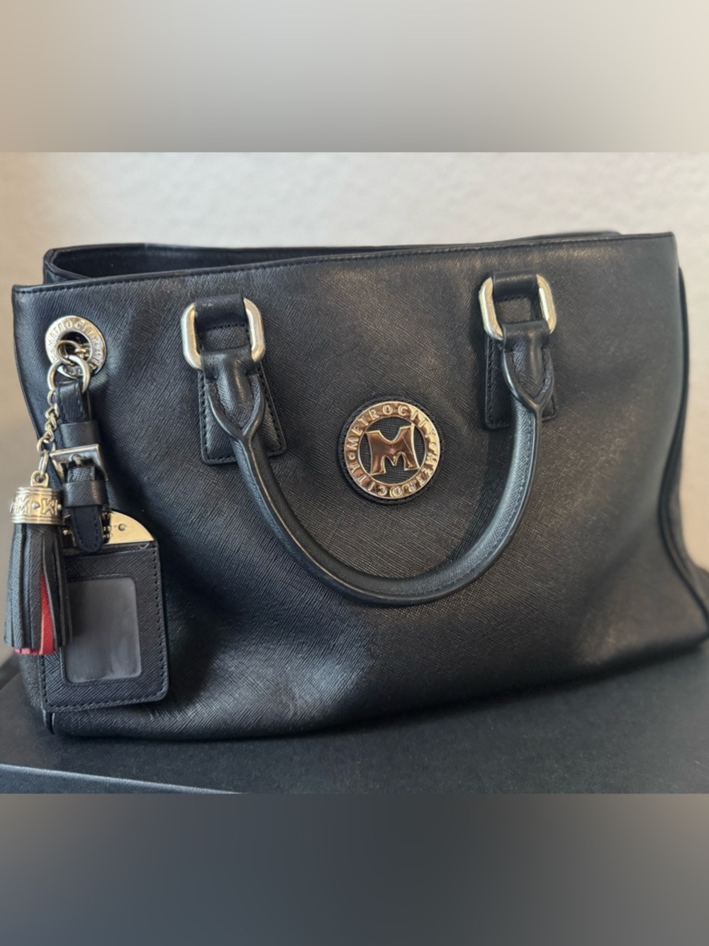 Metrocity Black Saffiano Leather Satchel withLogo